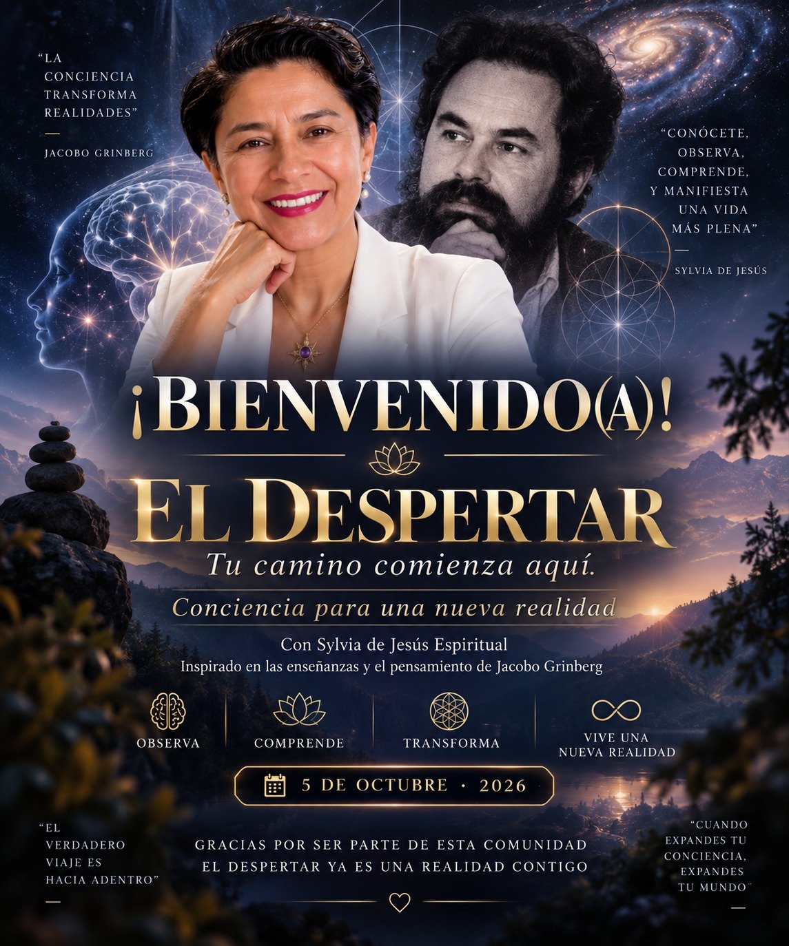 Arte de bienvenida a EL DESPERTAR con Sylvia de Jesús, Jacobo Grinberg y paisaje cósmico